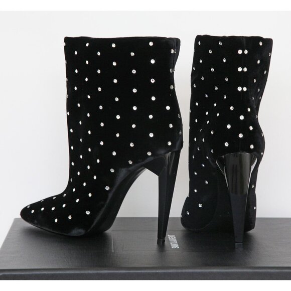 SAINT LAURENT BOOTS FREJA CRYSTAL STUDDED VELVET ANKLE BOOTIES sz 36.5 6.5 US - Picture 8 of 15
